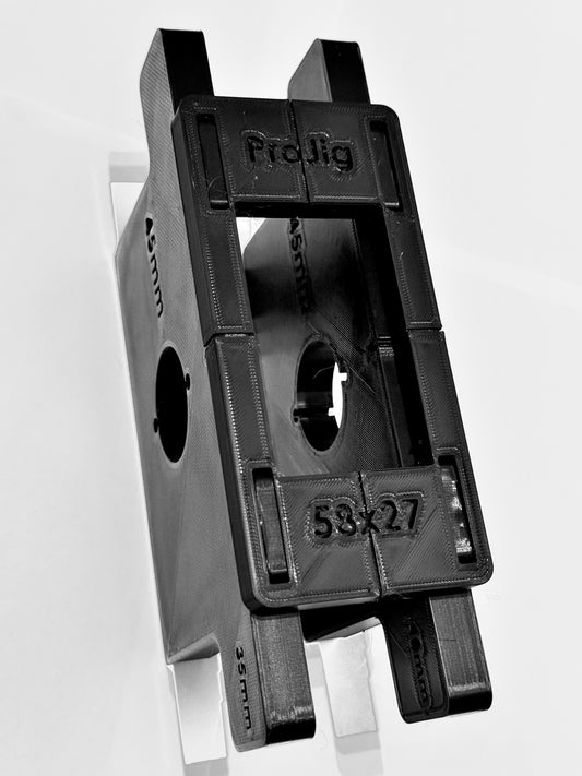 Pro jigs 58x27 tubular latch jig with a 45mm spindle centre and holes for through bolt designed to work with (Eclipse) latch